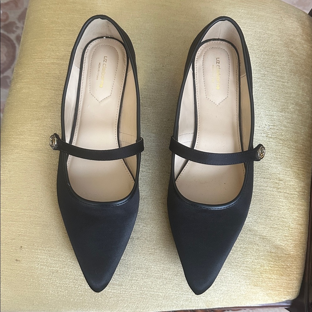 Liz Claiborne Santry Black Satin Pointed Toe Mary Jane Flat Shoes Size 11 - Picture 6 of 16